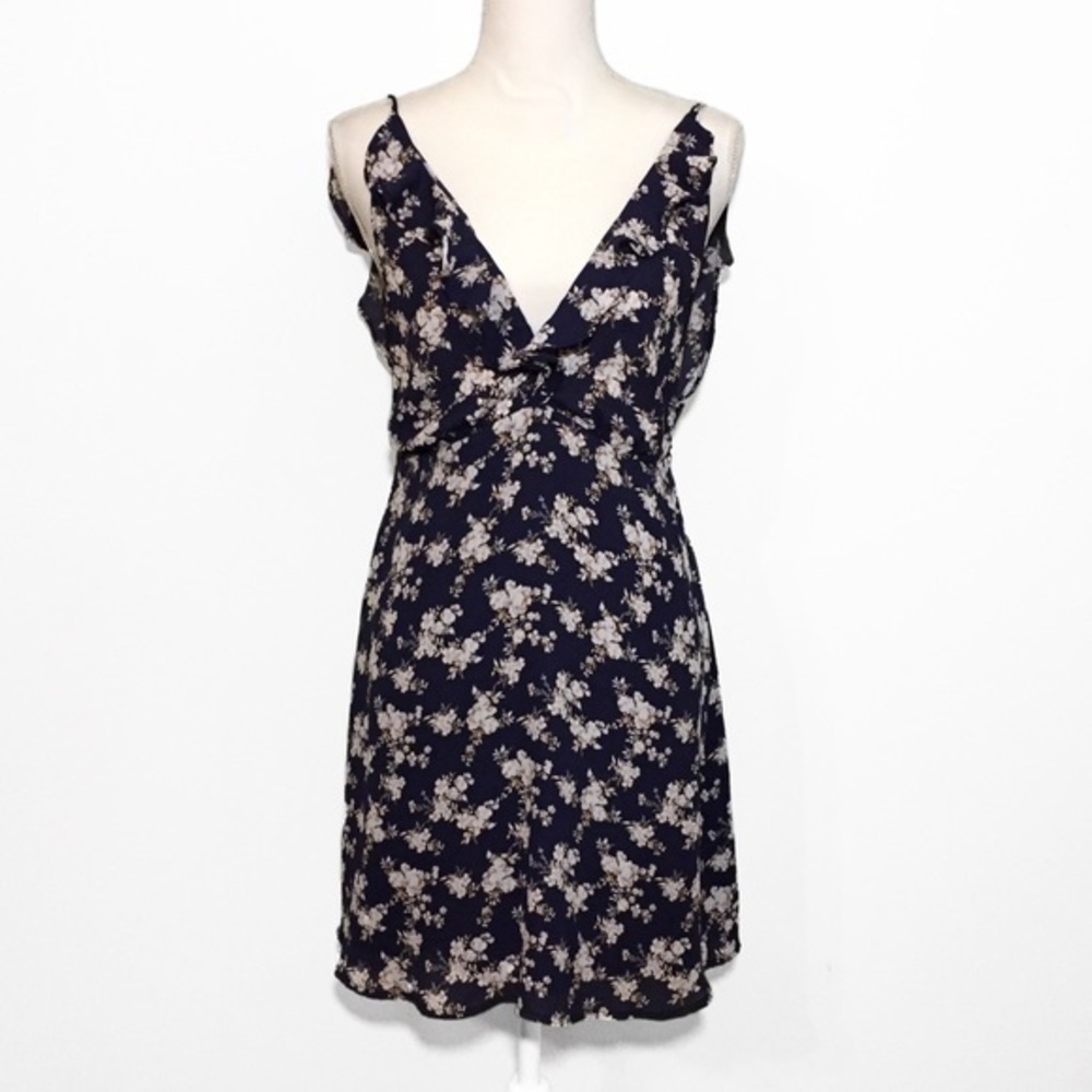 CLEARANCE Navy Blue White Floral Deep V Neck Strappy Dress